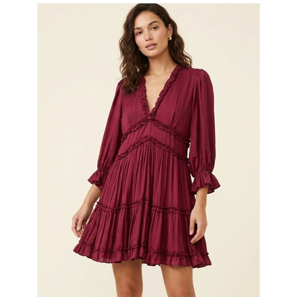 GAL Clothing Tiered Ruffle V-Neck Dress M Red Mini Boho Festival Summer Feminine